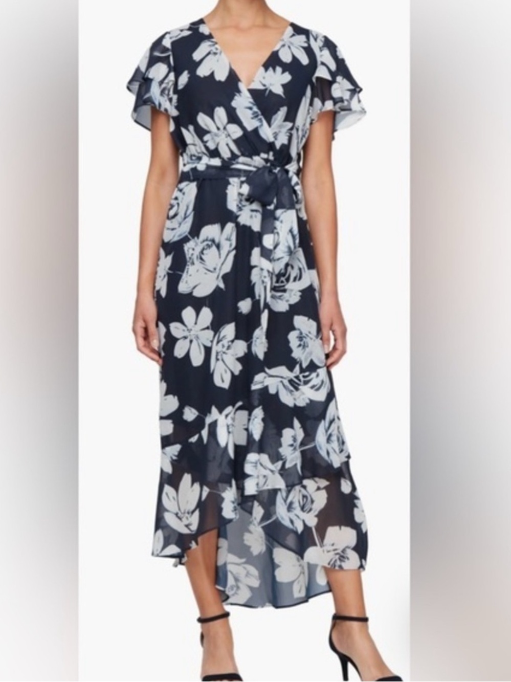 SLNY Navy Blue and White Floral Midi Wrap Dress